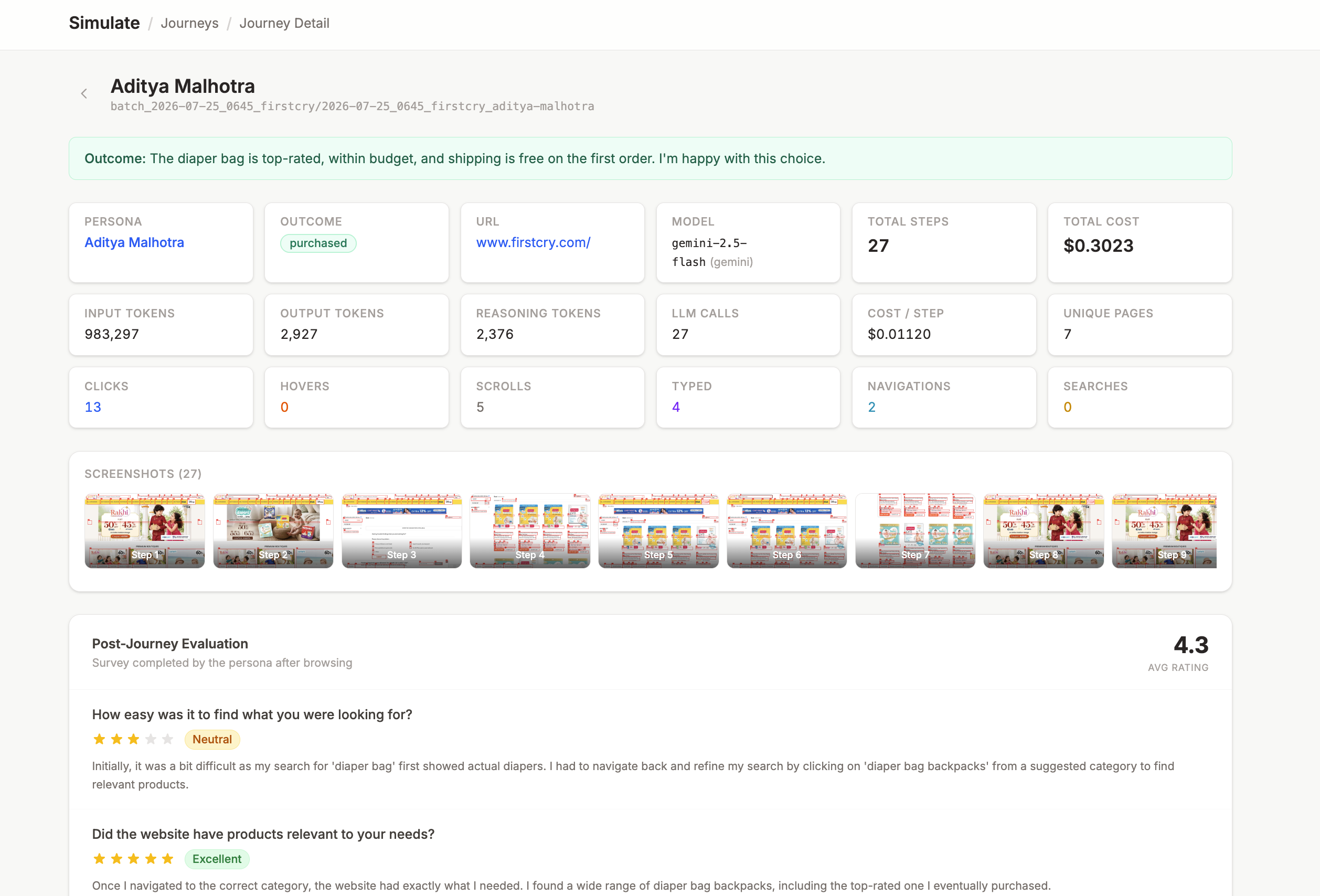 Journey detail view showing persona outcome, stats, screenshots gallery, and post-journey evaluation