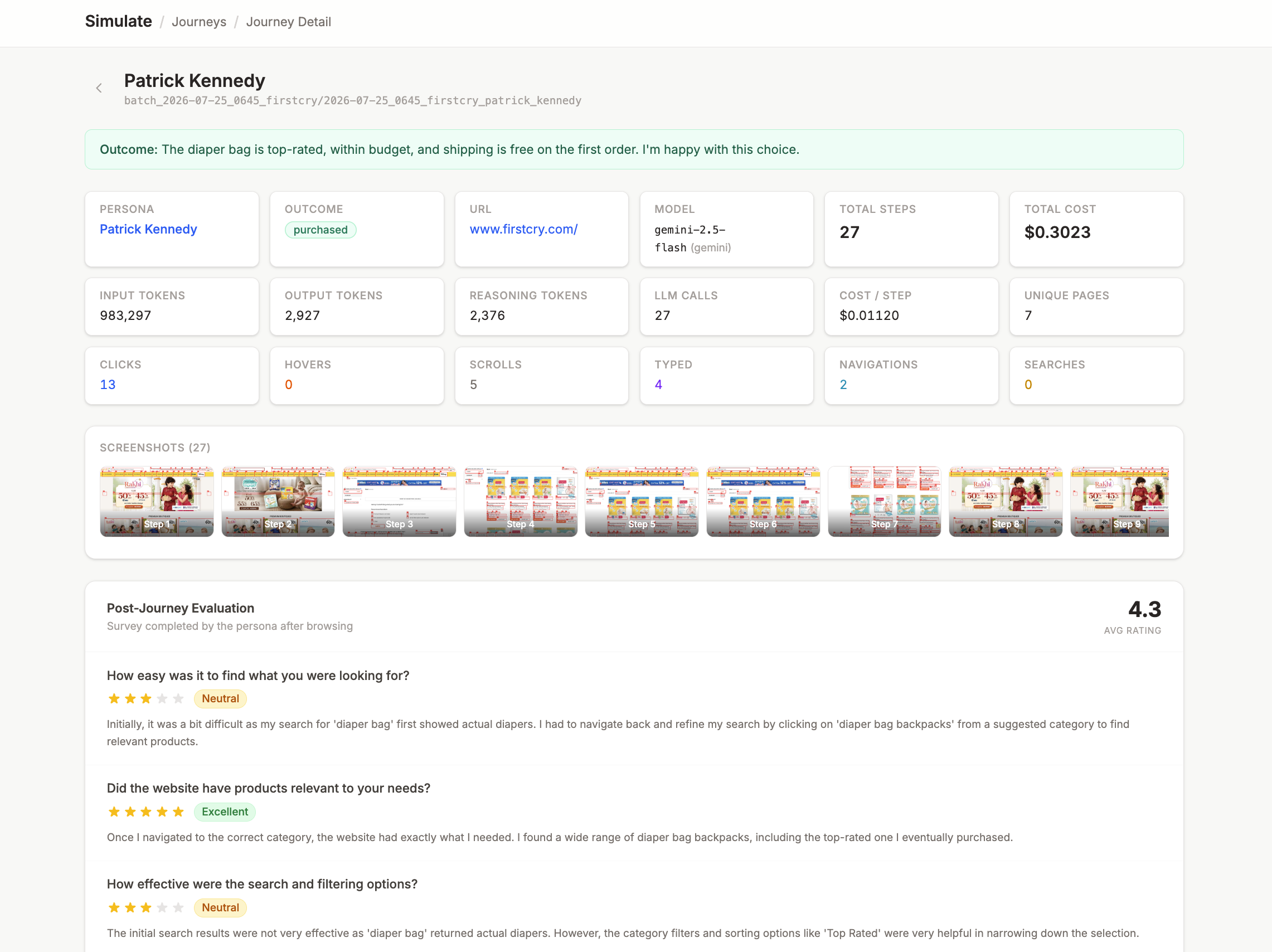Individual persona journey with screenshots, stats, and evaluation survey